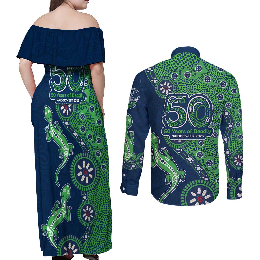 Canberra Raiders NAIDOC Week 2026 Couples Matching Off Shoulder Maxi Dress and Long Sleeve Button Shirt Aboriginal Lizard Dot Painting - 50 Years of Deadly