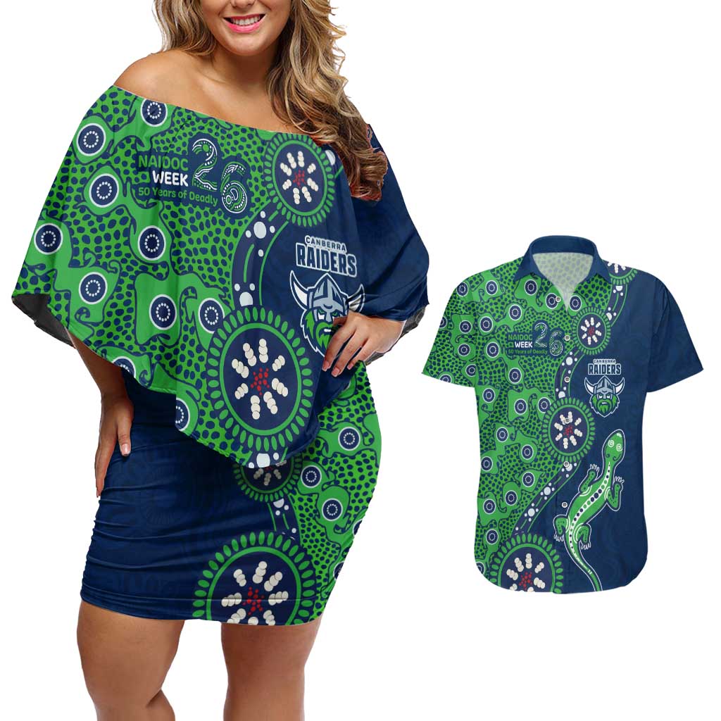 Canberra Raiders NAIDOC Week 2026 Couples Matching Off Shoulder Short Dress and Hawaiian Shirt Aboriginal Lizard Dot Painting - 50 Years of Deadly