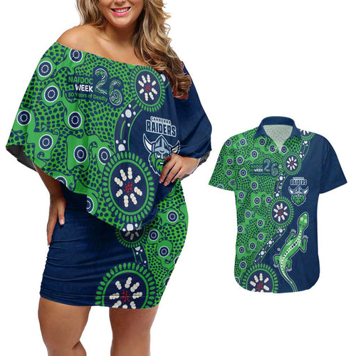 Canberra Raiders NAIDOC Week 2026 Couples Matching Off Shoulder Short Dress and Hawaiian Shirt Aboriginal Lizard Dot Painting - 50 Years of Deadly