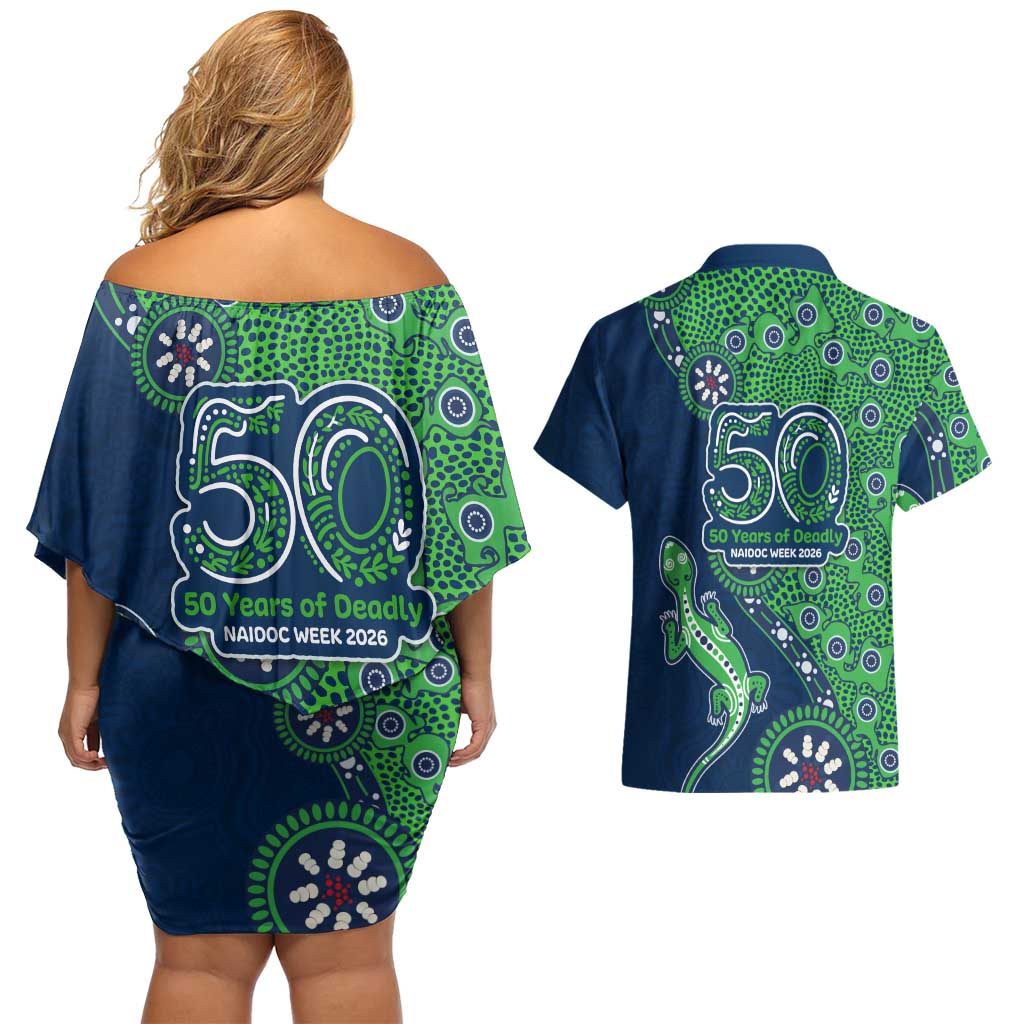 Canberra Raiders NAIDOC Week 2026 Couples Matching Off Shoulder Short Dress and Hawaiian Shirt Aboriginal Lizard Dot Painting - 50 Years of Deadly