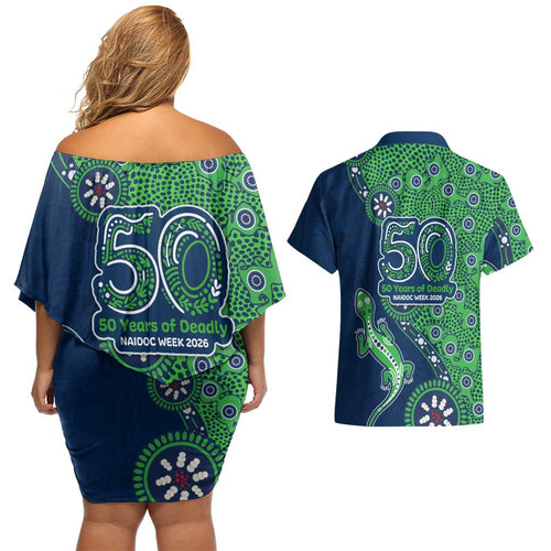 Canberra Raiders NAIDOC Week 2026 Couples Matching Off Shoulder Short Dress and Hawaiian Shirt Aboriginal Lizard Dot Painting - 50 Years of Deadly