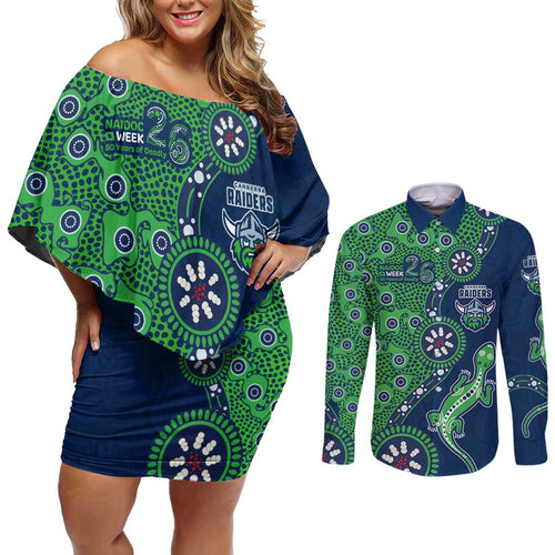 Canberra Raiders NAIDOC Week 2026 Couples Matching Off Shoulder Short Dress and Long Sleeve Button Shirt Aboriginal Lizard Dot Painting - 50 Years of Deadly