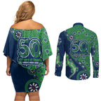 Canberra Raiders NAIDOC Week 2026 Couples Matching Off Shoulder Short Dress and Long Sleeve Button Shirt Aboriginal Lizard Dot Painting - 50 Years of Deadly