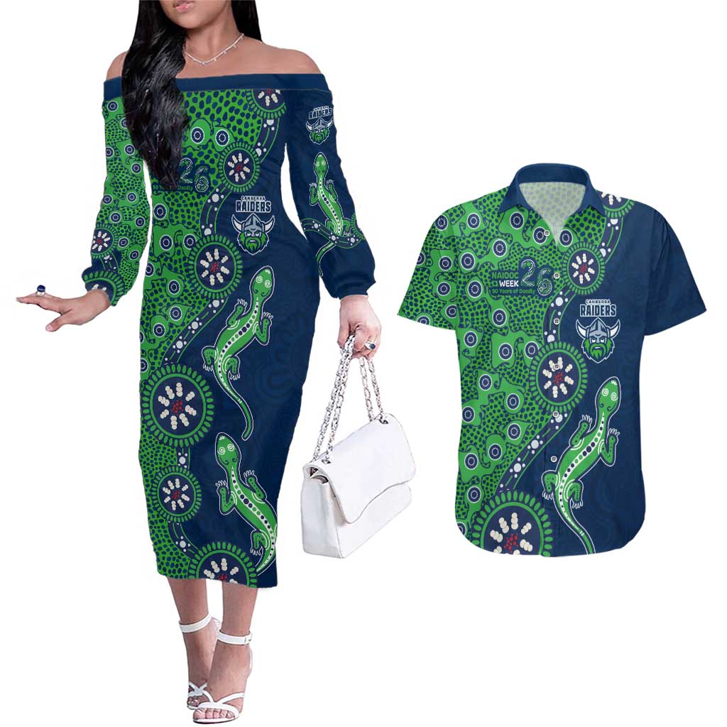 Canberra Raiders NAIDOC Week 2026 Couples Matching Off The Shoulder Long Sleeve Dress and Hawaiian Shirt Aboriginal Lizard Dot Painting - 50 Years of Deadly