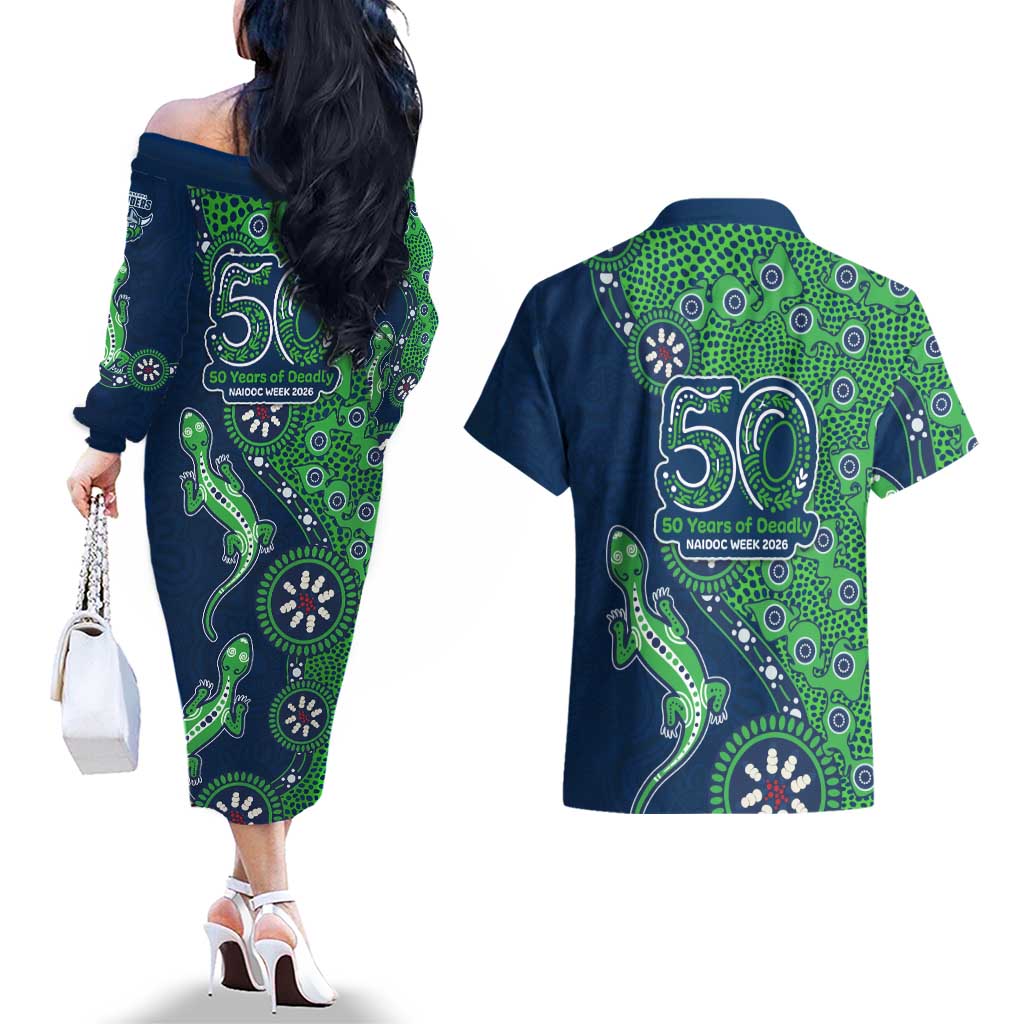 Canberra Raiders NAIDOC Week 2026 Couples Matching Off The Shoulder Long Sleeve Dress and Hawaiian Shirt Aboriginal Lizard Dot Painting - 50 Years of Deadly