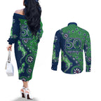 Canberra Raiders NAIDOC Week 2026 Couples Matching Off The Shoulder Long Sleeve Dress and Long Sleeve Button Shirt Aboriginal Lizard Dot Painting - 50 Years of Deadly