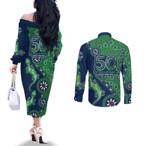 Canberra Raiders NAIDOC Week 2026 Couples Matching Off The Shoulder Long Sleeve Dress and Long Sleeve Button Shirt Aboriginal Lizard Dot Painting - 50 Years of Deadly