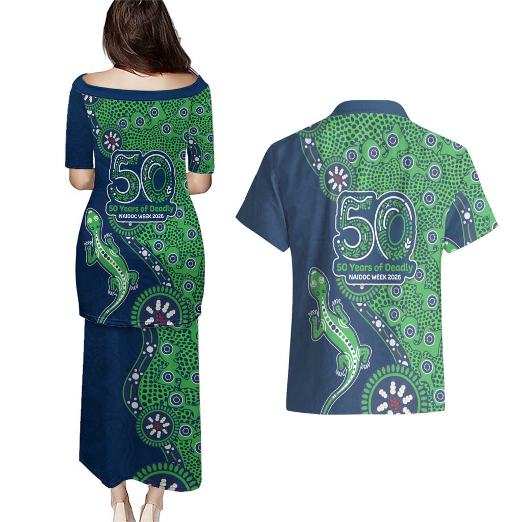 Canberra Raiders NAIDOC Week 2026 Couples Matching Puletasi and Hawaiian Shirt Aboriginal Lizard Dot Painting - 50 Years of Deadly