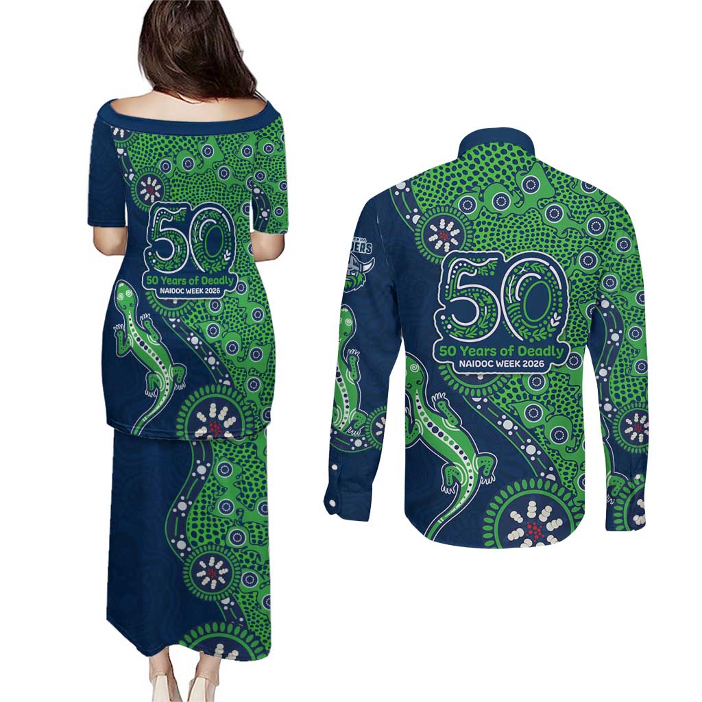 Canberra Raiders NAIDOC Week 2026 Couples Matching Puletasi and Long Sleeve Button Shirt Aboriginal Lizard Dot Painting - 50 Years of Deadly
