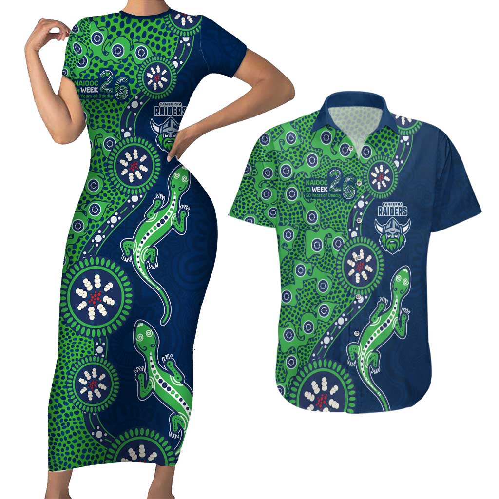 Canberra Raiders NAIDOC Week 2026 Couples Matching Short Sleeve Bodycon Dress and Hawaiian Shirt Aboriginal Lizard Dot Painting - 50 Years of Deadly