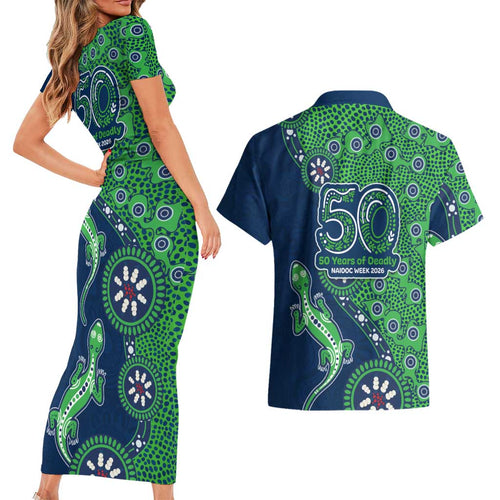 Canberra Raiders NAIDOC Week 2026 Couples Matching Short Sleeve Bodycon Dress and Hawaiian Shirt Aboriginal Lizard Dot Painting - 50 Years of Deadly
