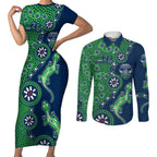 Canberra Raiders NAIDOC Week 2026 Couples Matching Short Sleeve Bodycon Dress and Long Sleeve Button Shirt Aboriginal Lizard Dot Painting - 50 Years of Deadly