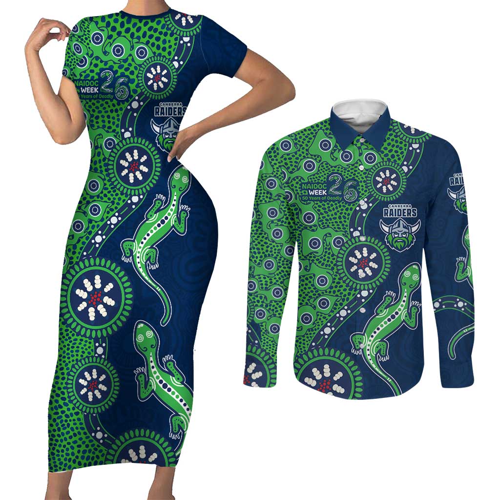 Canberra Raiders NAIDOC Week 2026 Couples Matching Short Sleeve Bodycon Dress and Long Sleeve Button Shirt Aboriginal Lizard Dot Painting - 50 Years of Deadly