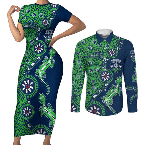 Canberra Raiders NAIDOC Week 2026 Couples Matching Short Sleeve Bodycon Dress and Long Sleeve Button Shirt Aboriginal Lizard Dot Painting - 50 Years of Deadly