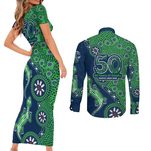 Canberra Raiders NAIDOC Week 2026 Couples Matching Short Sleeve Bodycon Dress and Long Sleeve Button Shirt Aboriginal Lizard Dot Painting - 50 Years of Deadly