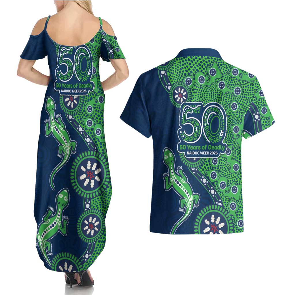 Canberra Raiders NAIDOC Week 2026 Couples Matching Summer Maxi Dress and Hawaiian Shirt Aboriginal Lizard Dot Painting - 50 Years of Deadly