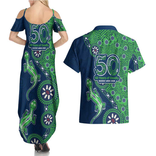 Canberra Raiders NAIDOC Week 2026 Couples Matching Summer Maxi Dress and Hawaiian Shirt Aboriginal Lizard Dot Painting - 50 Years of Deadly