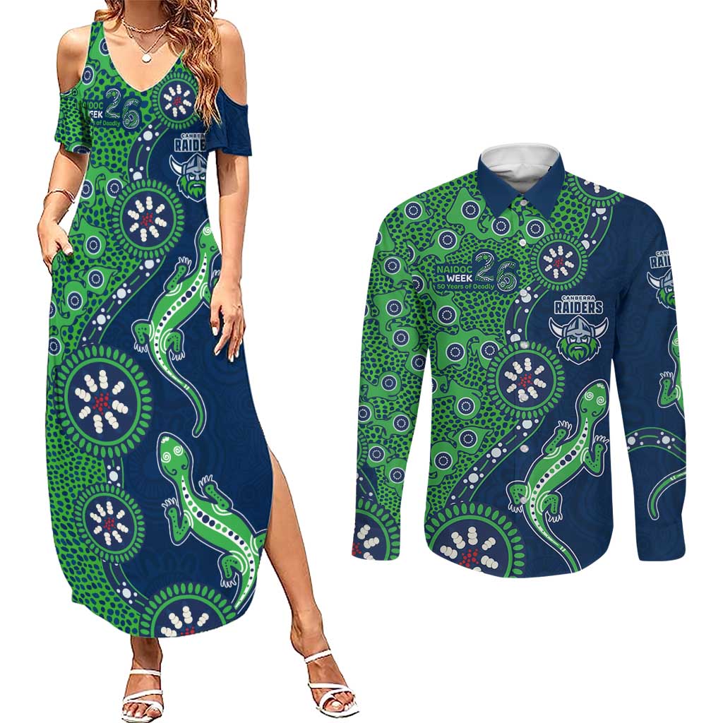 Canberra Raiders NAIDOC Week 2026 Couples Matching Summer Maxi Dress and Long Sleeve Button Shirt Aboriginal Lizard Dot Painting - 50 Years of Deadly