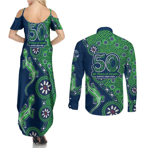 Canberra Raiders NAIDOC Week 2026 Couples Matching Summer Maxi Dress and Long Sleeve Button Shirt Aboriginal Lizard Dot Painting - 50 Years of Deadly
