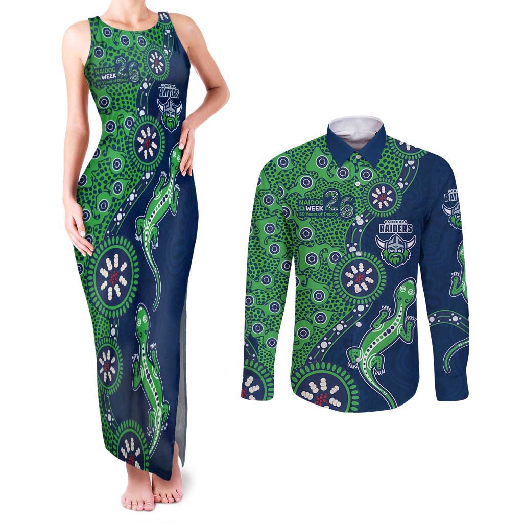 Canberra Raiders NAIDOC Week 2026 Couples Matching Tank Maxi Dress and Long Sleeve Button Shirt Aboriginal Lizard Dot Painting - 50 Years of Deadly