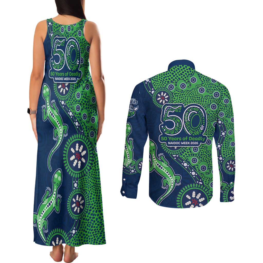 Canberra Raiders NAIDOC Week 2026 Couples Matching Tank Maxi Dress and Long Sleeve Button Shirt Aboriginal Lizard Dot Painting - 50 Years of Deadly