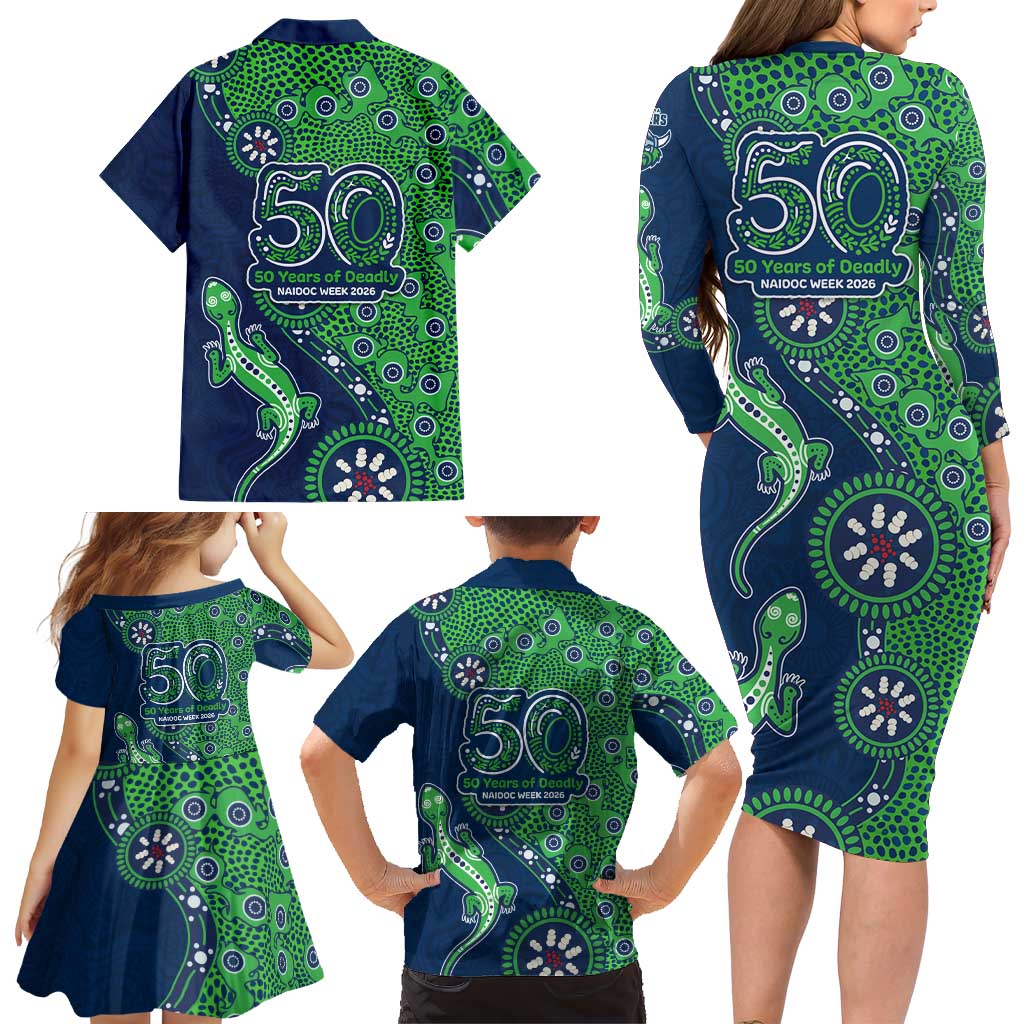 Canberra Raiders NAIDOC Week 2026 Family Matching Long Sleeve Bodycon Dress and Hawaiian Shirt Aboriginal Lizard Dot Painting - 50 Years of Deadly