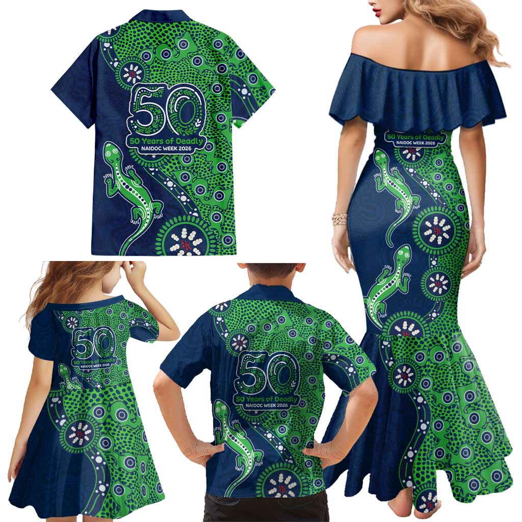 Canberra Raiders NAIDOC Week 2026 Family Matching Mermaid Dress and Hawaiian Shirt Aboriginal Lizard Dot Painting - 50 Years of Deadly