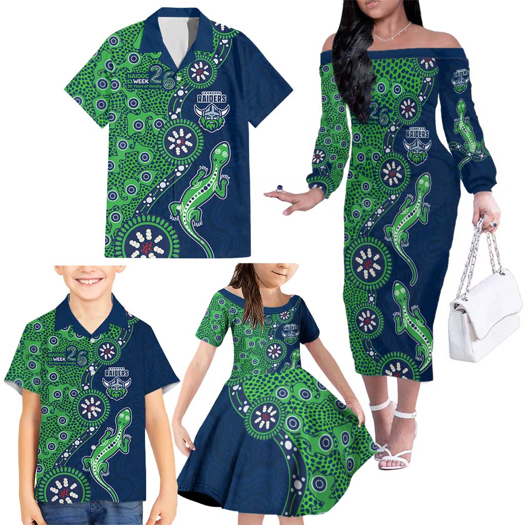 Canberra Raiders NAIDOC Week 2026 Family Matching Off The Shoulder Long Sleeve Dress and Hawaiian Shirt Aboriginal Lizard Dot Painting - 50 Years of Deadly