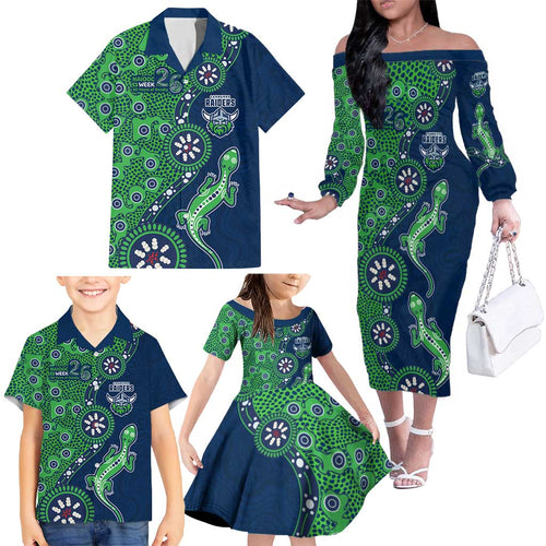 Canberra Raiders NAIDOC Week 2026 Family Matching Off The Shoulder Long Sleeve Dress and Hawaiian Shirt Aboriginal Lizard Dot Painting - 50 Years of Deadly