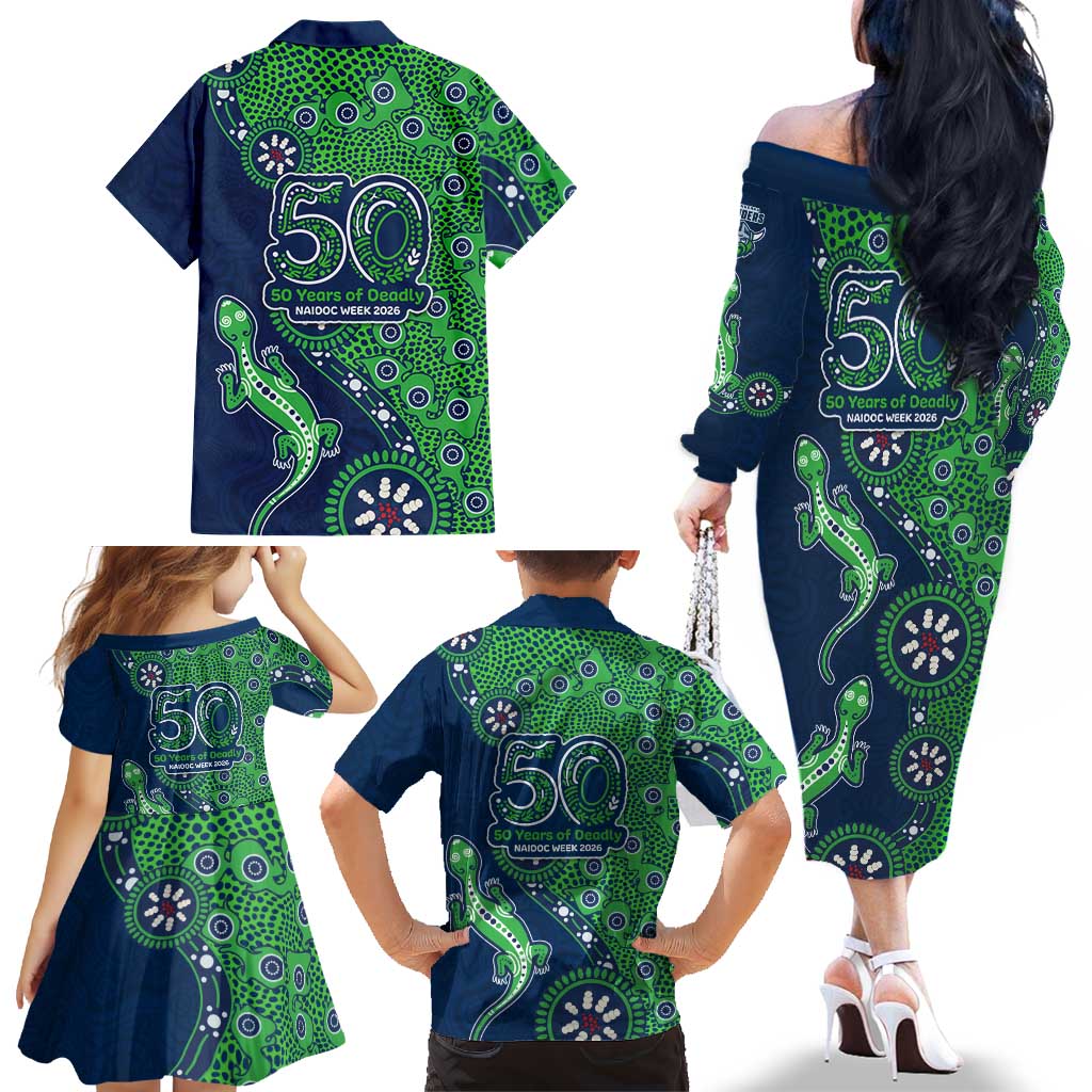 Canberra Raiders NAIDOC Week 2026 Family Matching Off The Shoulder Long Sleeve Dress and Hawaiian Shirt Aboriginal Lizard Dot Painting - 50 Years of Deadly