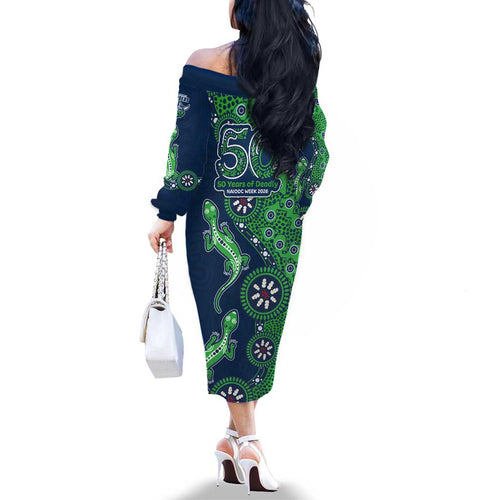 Canberra Raiders NAIDOC Week 2026 Family Matching Off The Shoulder Long Sleeve Dress and Hawaiian Shirt Aboriginal Lizard Dot Painting - 50 Years of Deadly