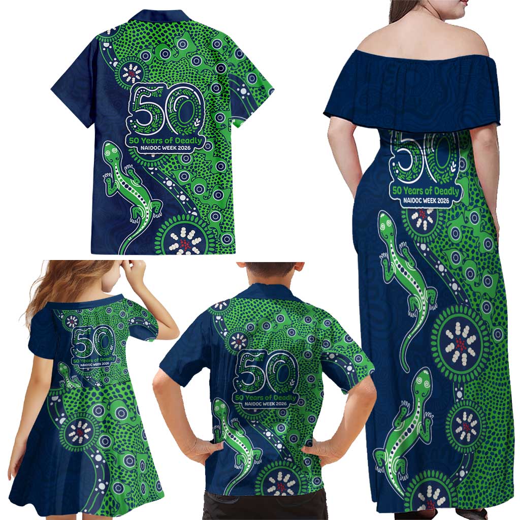 Canberra Raiders NAIDOC Week 2026 Family Matching Off Shoulder Maxi Dress and Hawaiian Shirt Aboriginal Lizard Dot Painting - 50 Years of Deadly