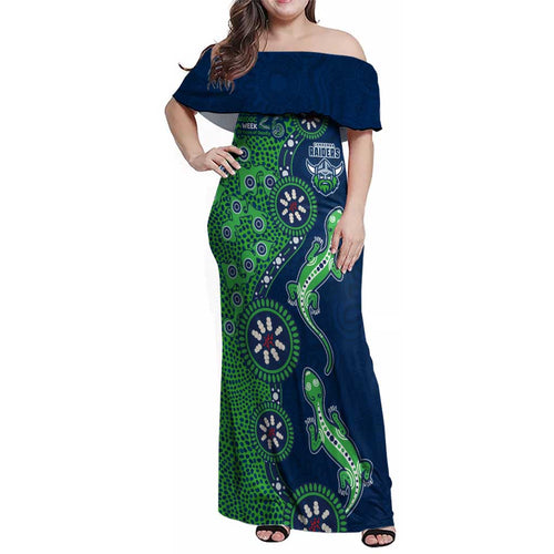 Canberra Raiders NAIDOC Week 2026 Family Matching Off Shoulder Maxi Dress and Hawaiian Shirt Aboriginal Lizard Dot Painting - 50 Years of Deadly
