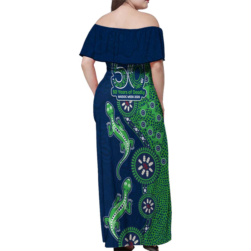Canberra Raiders NAIDOC Week 2026 Family Matching Off Shoulder Maxi Dress and Hawaiian Shirt Aboriginal Lizard Dot Painting - 50 Years of Deadly