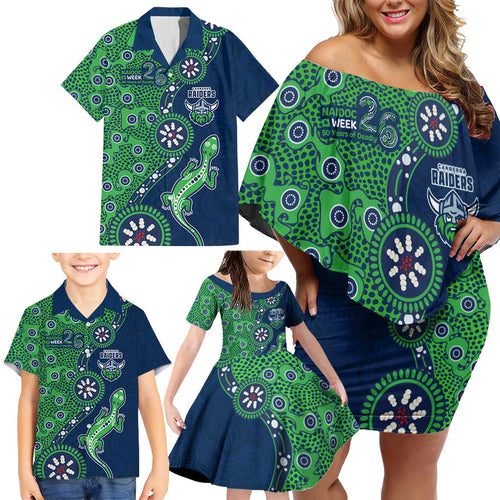 Canberra Raiders NAIDOC Week 2026 Family Matching Off Shoulder Short Dress and Hawaiian Shirt Aboriginal Lizard Dot Painting - 50 Years of Deadly
