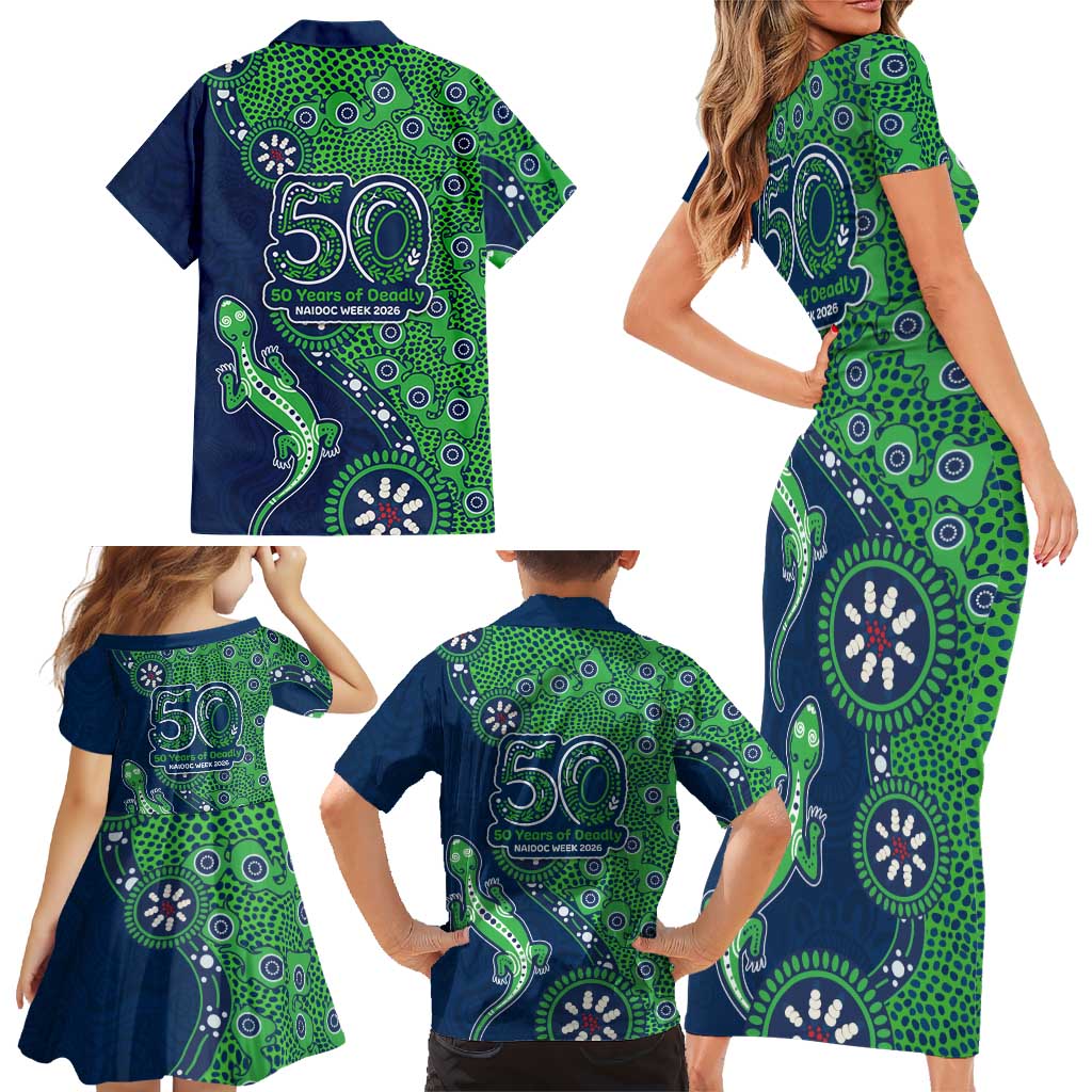 Canberra Raiders NAIDOC Week 2026 Family Matching Short Sleeve Bodycon Dress and Hawaiian Shirt Aboriginal Lizard Dot Painting - 50 Years of Deadly