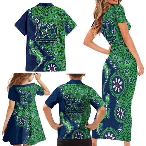 Canberra Raiders NAIDOC Week 2026 Family Matching Short Sleeve Bodycon Dress and Hawaiian Shirt Aboriginal Lizard Dot Painting - 50 Years of Deadly