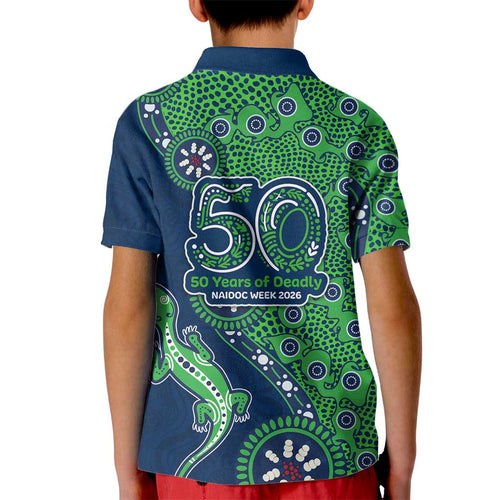 Canberra Raiders NAIDOC Week 2026 Kid Polo Shirt Aboriginal Lizard Dot Painting - 50 Years of Deadly