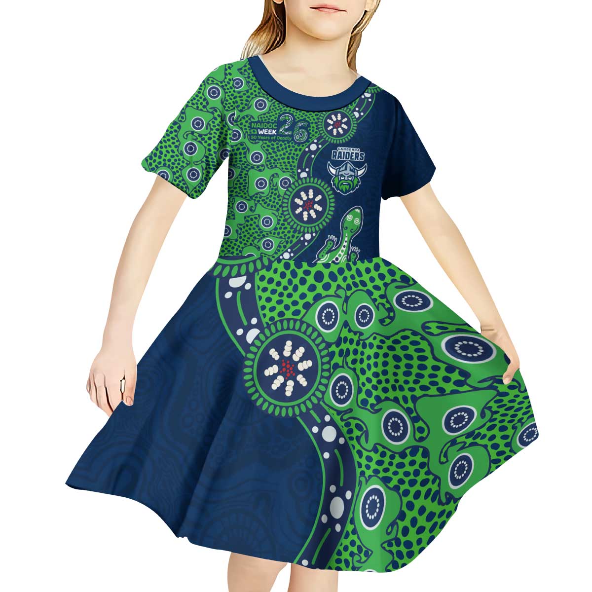 Canberra Raiders NAIDOC Week 2026 Kid Short Sleeve Dress Aboriginal Lizard Dot Painting - 50 Years of Deadly