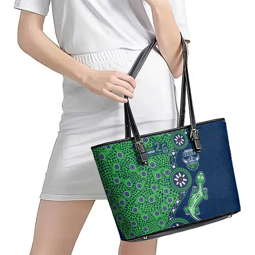 Canberra Raiders NAIDOC Week 2026 Leather Tote Bag Aboriginal Lizard Dot Painting - 50 Years of Deadly