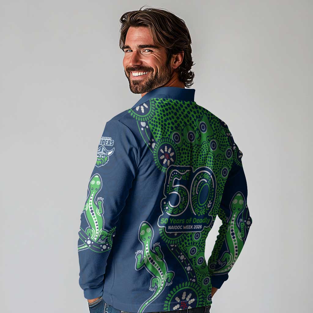 Canberra Raiders NAIDOC Week 2026 Long Sleeve Polo Shirt Aboriginal Lizard Dot Painting - 50 Years of Deadly