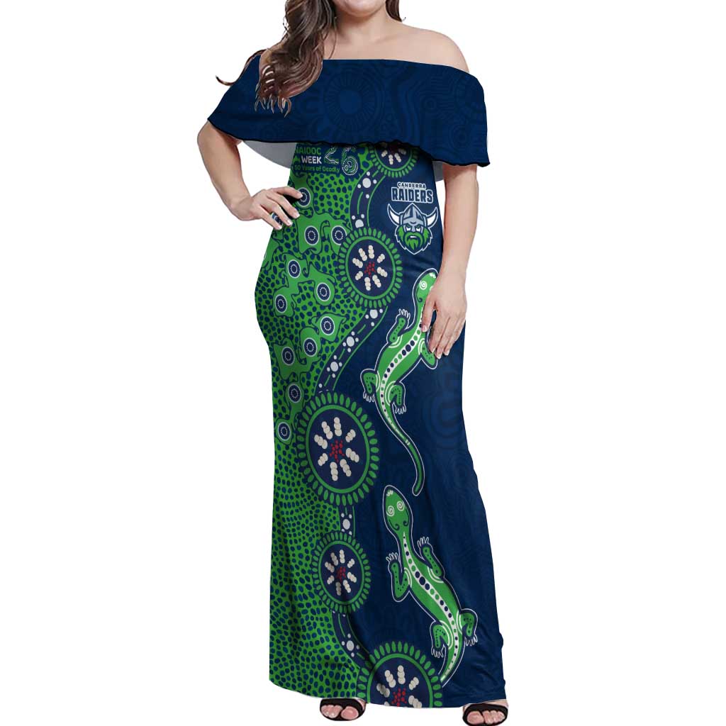 Canberra Raiders NAIDOC Week 2026 Off Shoulder Maxi Dress Aboriginal Lizard Dot Painting - 50 Years of Deadly