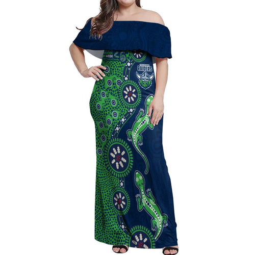 Canberra Raiders NAIDOC Week 2026 Off Shoulder Maxi Dress Aboriginal Lizard Dot Painting - 50 Years of Deadly