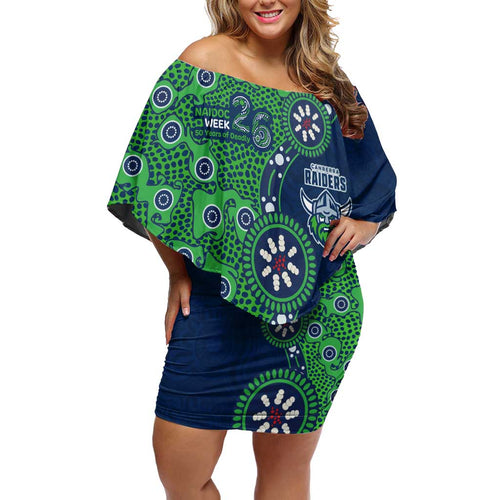 Canberra Raiders NAIDOC Week 2026 Off Shoulder Short Dress Aboriginal Lizard Dot Painting - 50 Years of Deadly