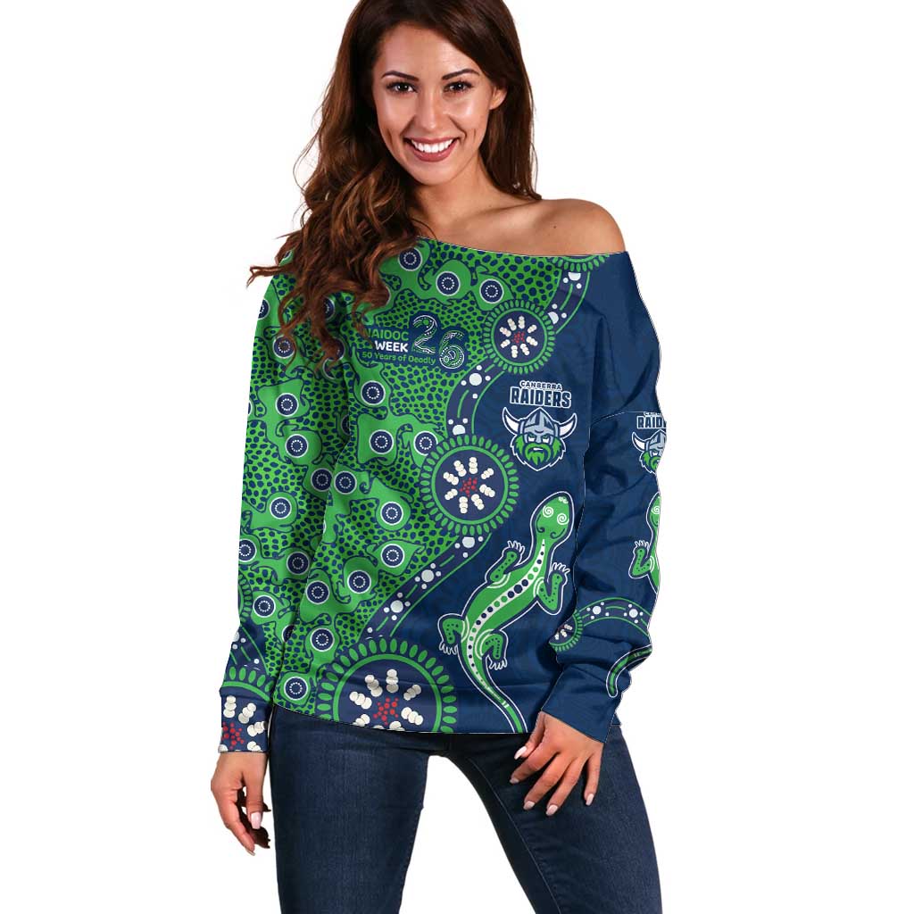 Canberra Raiders NAIDOC Week 2026 Off Shoulder Sweater Aboriginal Lizard Dot Painting - 50 Years of Deadly