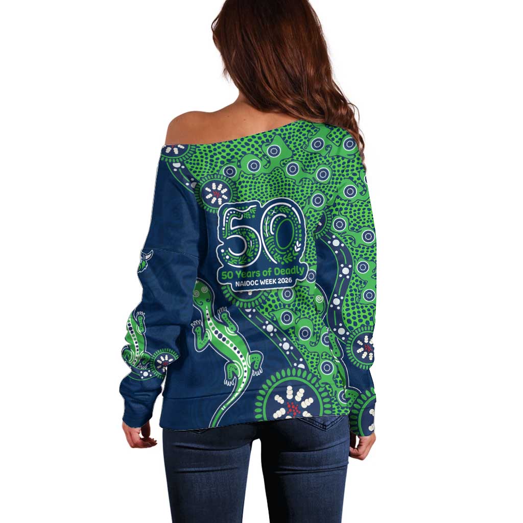 Canberra Raiders NAIDOC Week 2026 Off Shoulder Sweater Aboriginal Lizard Dot Painting - 50 Years of Deadly