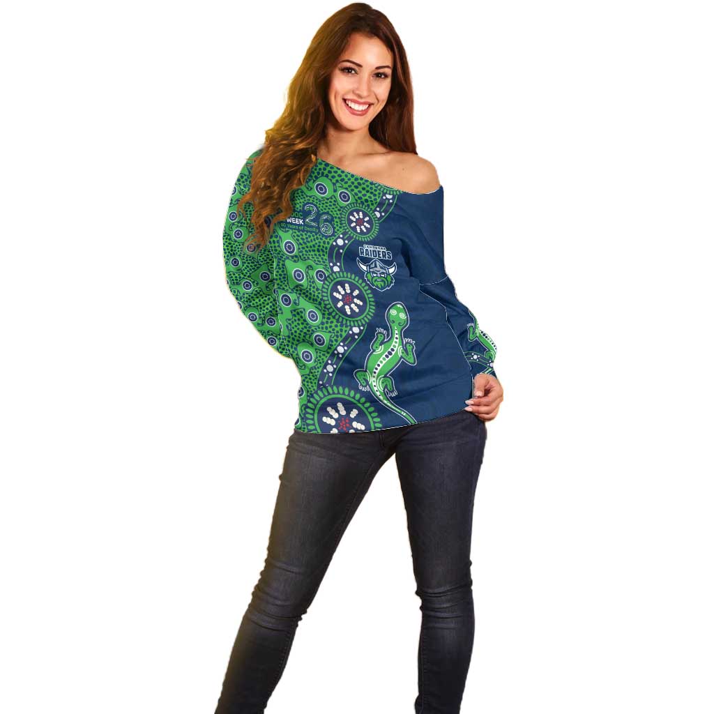 Canberra Raiders NAIDOC Week 2026 Off Shoulder Sweater Aboriginal Lizard Dot Painting - 50 Years of Deadly