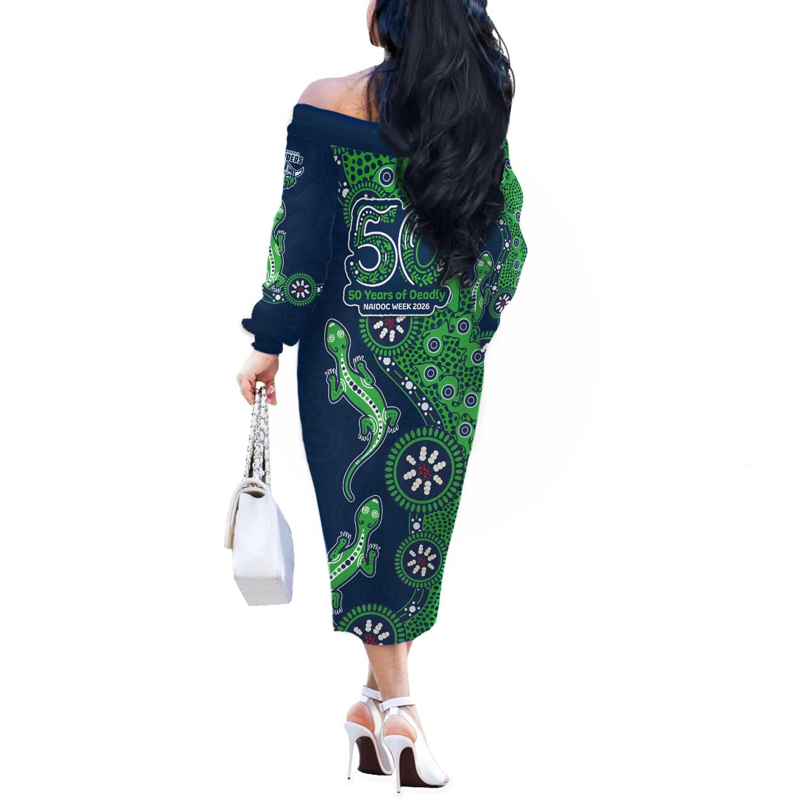 Canberra Raiders NAIDOC Week 2026 Off The Shoulder Long Sleeve Dress Aboriginal Lizard Dot Painting - 50 Years of Deadly