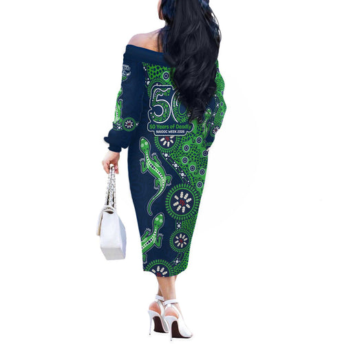Canberra Raiders NAIDOC Week 2026 Off The Shoulder Long Sleeve Dress Aboriginal Lizard Dot Painting - 50 Years of Deadly