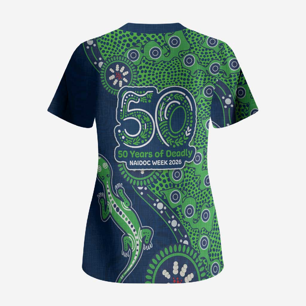 Canberra Raiders NAIDOC Week 2026 Scrub Top Aboriginal Lizard Dot Painting - 50 Years of Deadly